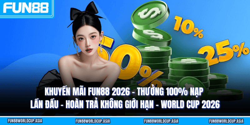Khuyến mãi Fun88 2026 - Thưởng 100% nạp lần đầu - Hoàn trả không giới hạn - World Cup 2026